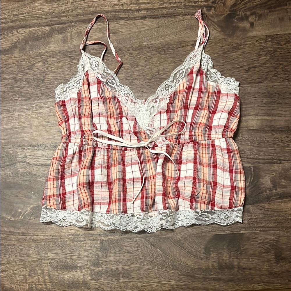 Plaid Lace Trim Cami Top